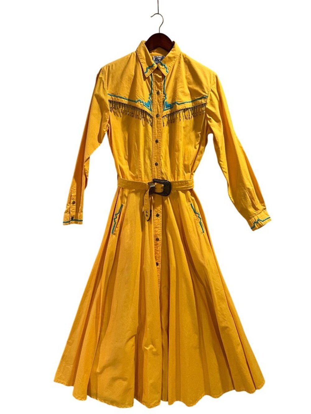 Vintage Blue Canyon Yellow Western Dress Beaded Fringe Size Small 100% Cotton